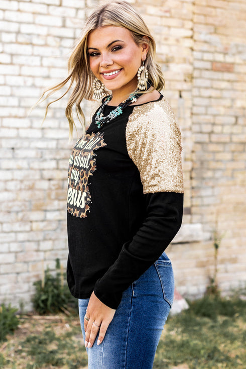 Black Leopard Letter Print Sequin Patchwork Long Sleeve Top